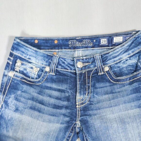 Miss Me jean mid shorts women's sz 28 hard washed denim blue embroidered pockets - Picture 2 of 13
